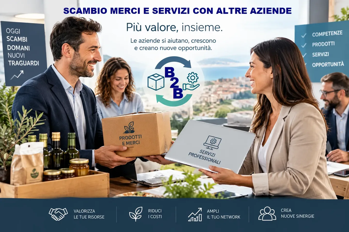 Due imprenditori si scambiano una scatola di prodotti e una di servizi professionali